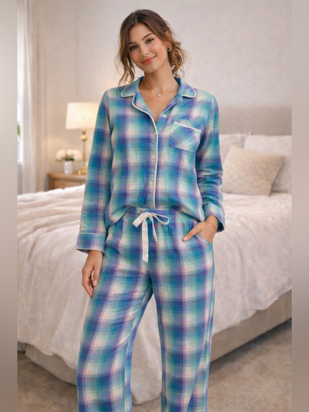 Victoria’s Secret Plaid Pajama Set Blue Green Pants Lounge S